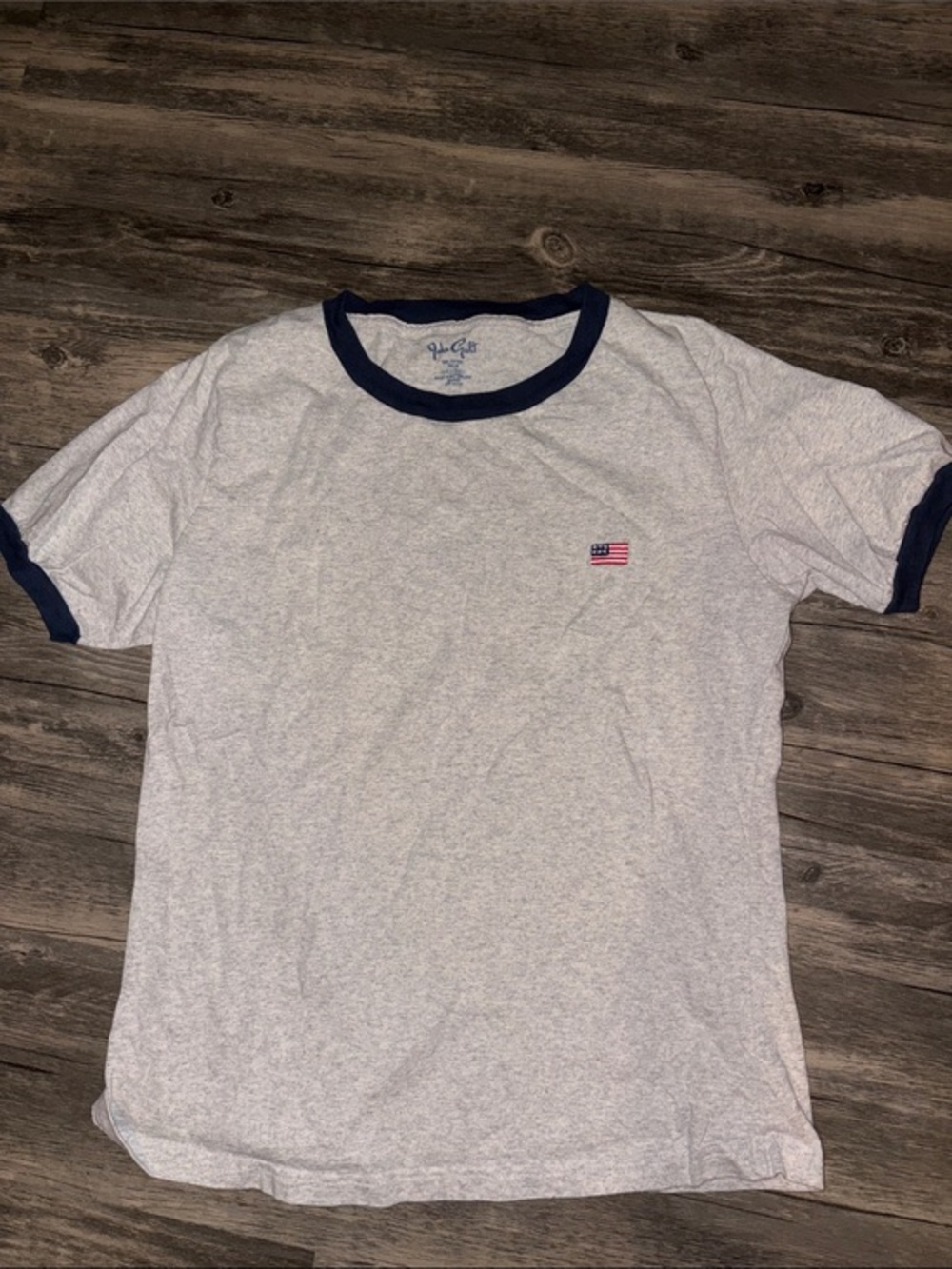 JOHN GALT  Light Gray Ringer Tee with Navy Trim American flag - woman’s